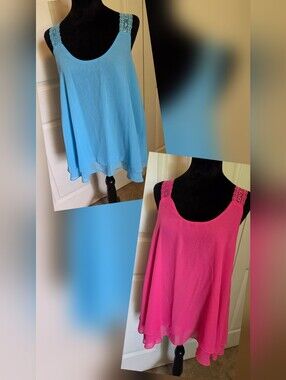 Women's Lace-Detail Swing Tank Top Set- Blue & Pink Size M CHICME